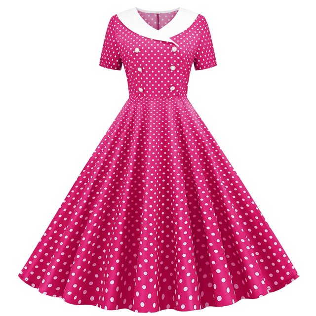 Dvprdro Robe de Bal pour Femme Invitée de Mariage Mode Vintage à Pois Imprimée Manches Courtes Ligne A Évasée Cocktail Fête Robe Midi