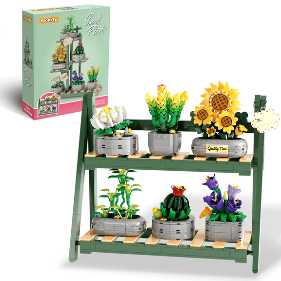 Toonify Plants Bonsai Building Set, Cacti Succulents Sunflowers Flowers, 6 Potting and 2in1 Display, 873-Piece