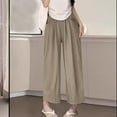 thumbnail image 2 of Olyvenn Womens Summer Wide Leg Pants Palazzo Casual Solid Beach Pants Elastic High Waist Loose Lightweight Vacation Trousers Khaki S, 2 of 7