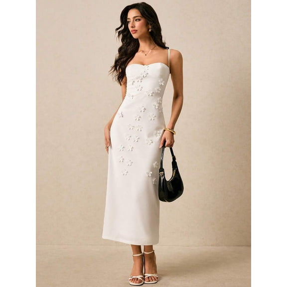 White Spaghetti Strap Fitted Midi Dress With 3D Floral Appliqué For Wedding Bridal Party Summer Elegant