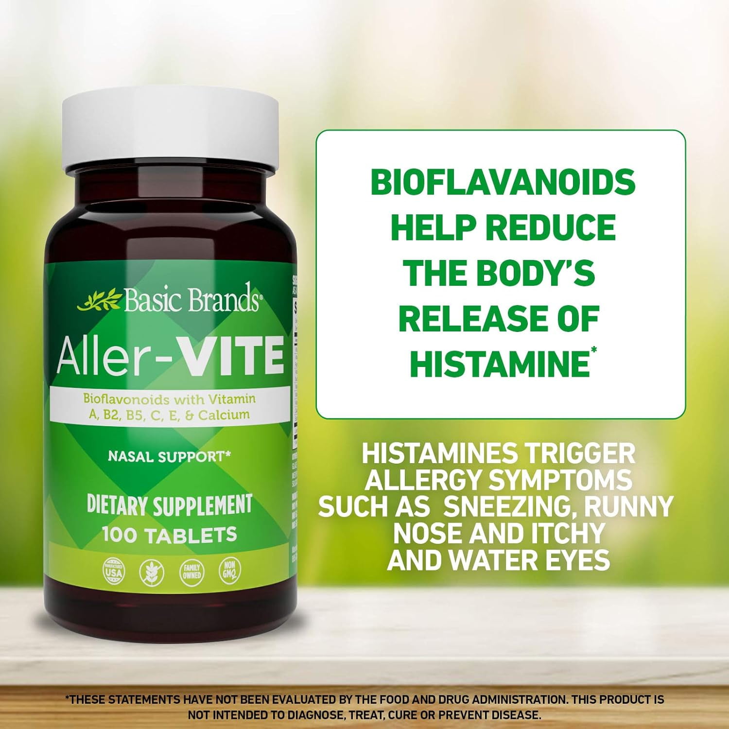 Basic Brands Aller-Vite Bioflavonoid Nasal Support for Itchy Eyes & Runny Nose, 200 Tablets