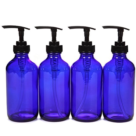 Vivaplex, 4, Large, 8 oz, Empty, Cobalt Blue Glass Bottles with Black Lotion Pumps
