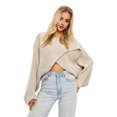 thumbnail image 5 of Women Sweater O-Neck Batwing Long Sleeve Solid Color Loose Fit Knitting Tops Exposed Navel Irregular Cross Sweater, 5 of 8