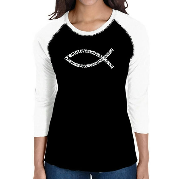 LA Pop Art Women's Raglan Baseball Word Art T-shirt - Jesus Loves You