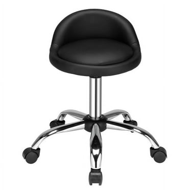 Knocbel Salon stool Adjustable Round PU-leather Stool with Soft Padded Circular Seat, Five Nylon Wheels, Small Backrest and Sturdy Metal Base, 14.17" x 14.17" x 17.3-22.8"H Black