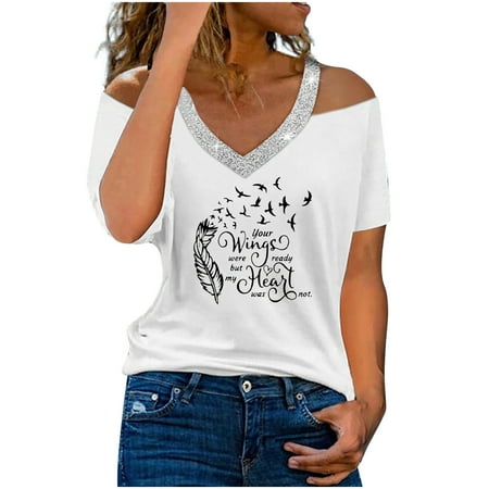 

White Blouse for Women Workout Tops for Women Fashion Woman Summer V-Neck Short Sleeve Cold Shoulder Blouse T-Shirt Causal Printing Tops Maternity Blouses White XXL