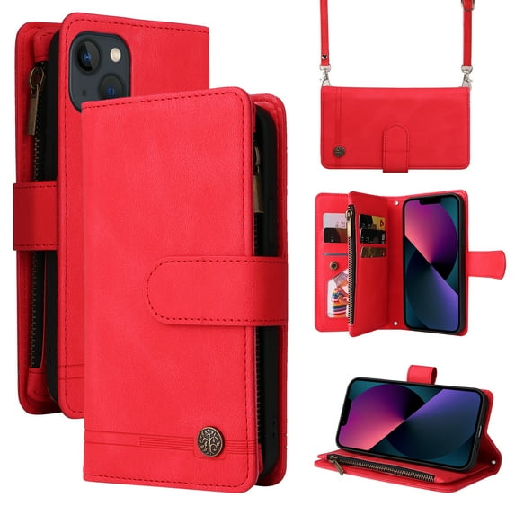 Feishell for iPhone 14 Plus 6.7 inch Zipper Wallet Case with Wrist Strap & Shoulder Strap,Premium PU Leather Magnetic Clasp Flip Holder Card Slots Crossbody Phone Case for Women Men,Red