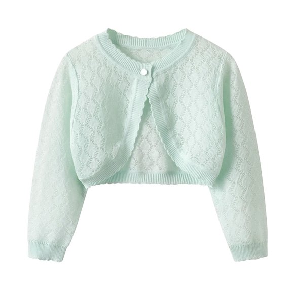 Rrxhxhs Cropped Cardigan for Girls Scalloped Edge Diamond Hollow Eyelet Knit Long Sleeve Lightweight Breathable Shrug Sweater,2 Years