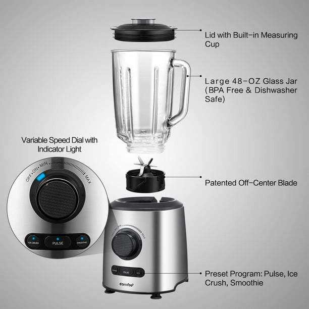 Comfee 500W Smoothie Blender With 3 Preset (Ice Crush, Pulse, Smoothie) Variable Speeds Control And 48 Ounce BPA Free Glass Jar (Silver) - Walmart.com