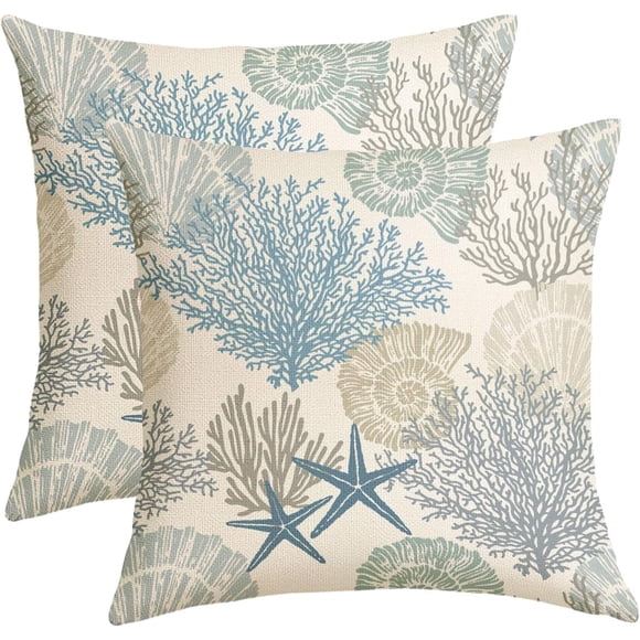 Nautical Coastal Pillow Covers 22"x22"" Ocean Beachy Seashell Coral Starfish Throw Pillows for Couch Farmhouse Cushion Covers Summer Beach Blue Pillow Cases for Bed Patio Outdoor Decor Set 2