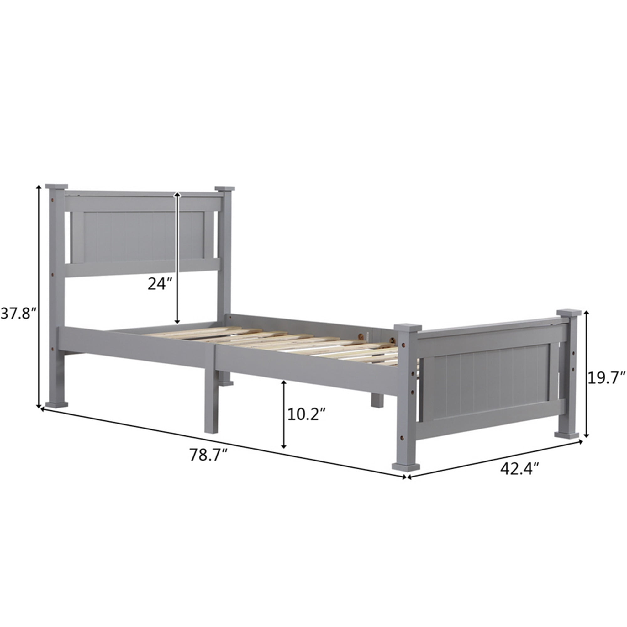 Kadyn Twin Bed Frame, Single Core Full Panel Headboard, Twin Decorative Bed, Gray, No Springs Required, Same End Gray Single Solid Pine Bed