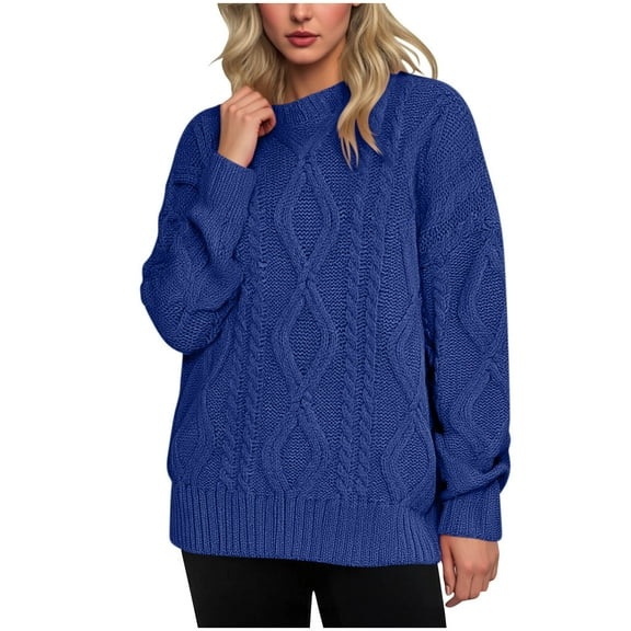 Long Sleeve Sweater for Women Crewneck Solid Ribbed Knit Pullover Top Blue S