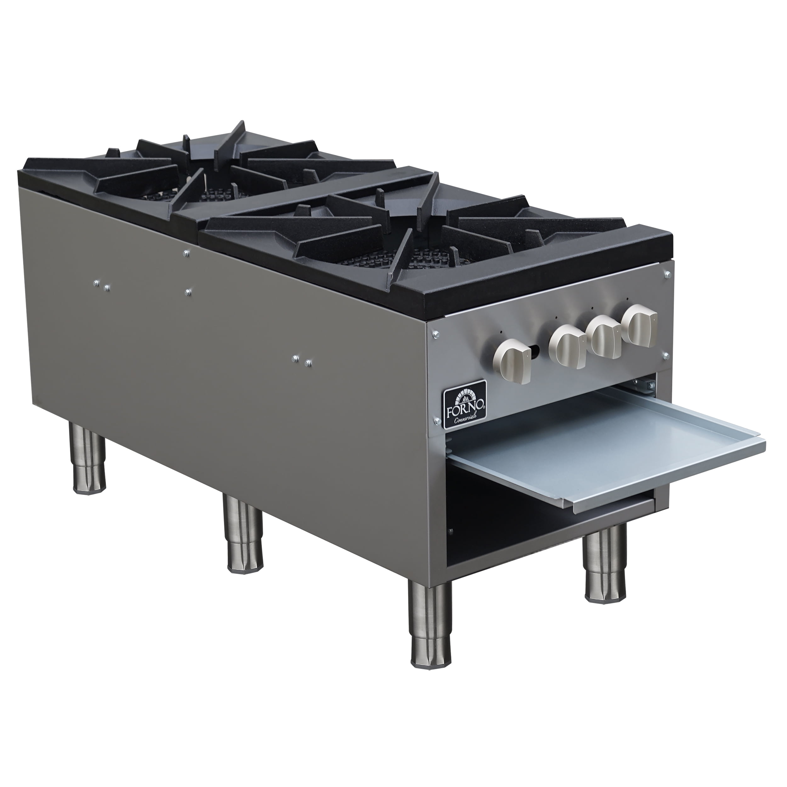 Forno Commerciale gas stock pot range, 2 powerful 3-ring burners, 160,000 BTU, durable stainless steel, heavy-duty cast iron grates