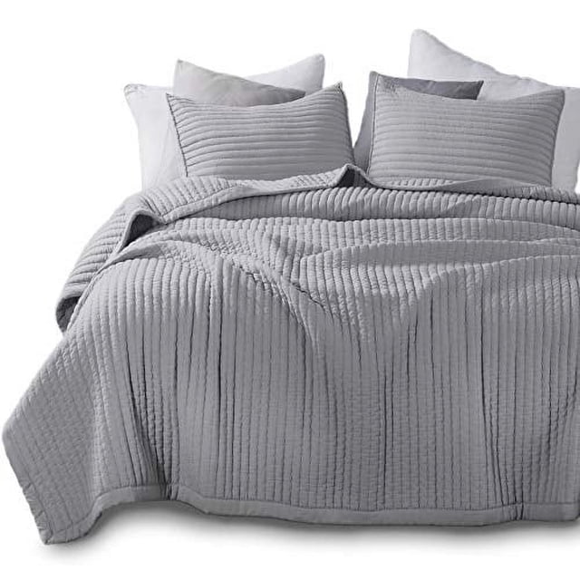 KASENTEX Quilt Mini Set-Stone Washed-Super Soft Bedspread-Light Weight-White Down Alternative Microfiber Fill-Machine Washable-Solid Colors, Full/Queen + 2 Shams, Grey