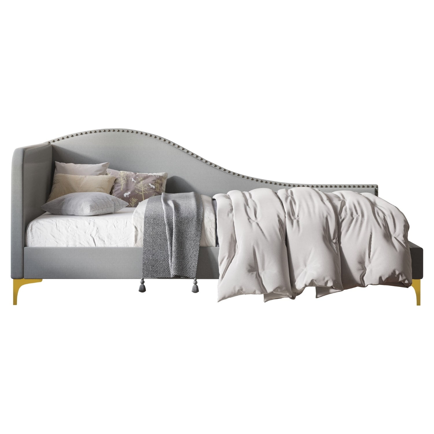 Home Design Lorettta Upholstered Daybed with Sloped Back and High Arm, Nailhead Trim, Black – Adult Guest Room, Bedroom, and Living Room, Easy Assembly