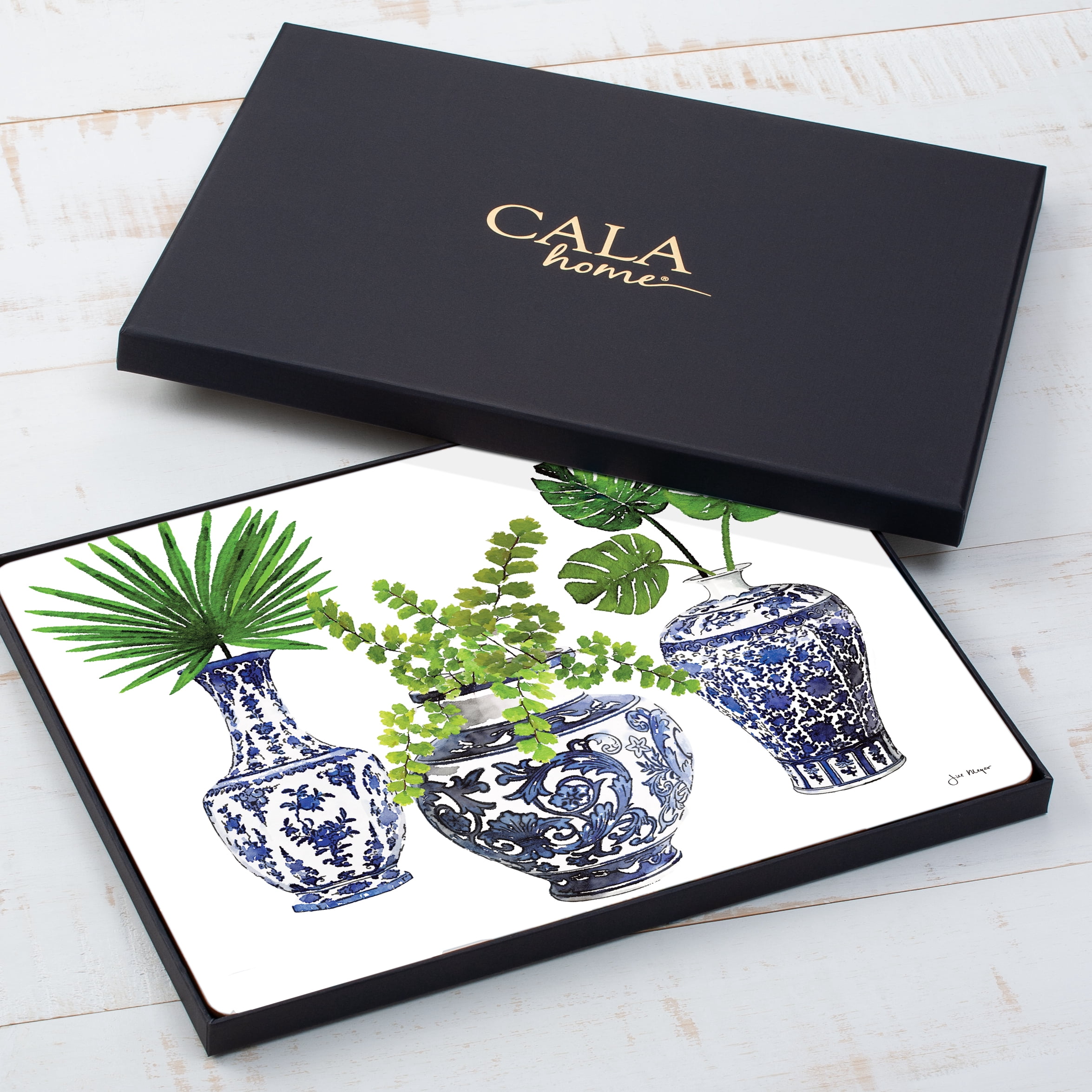Cala Home "Blue Delft Vases" Premium Decorative Hardboard Cork Back Tabletop Placemats 4 Pack