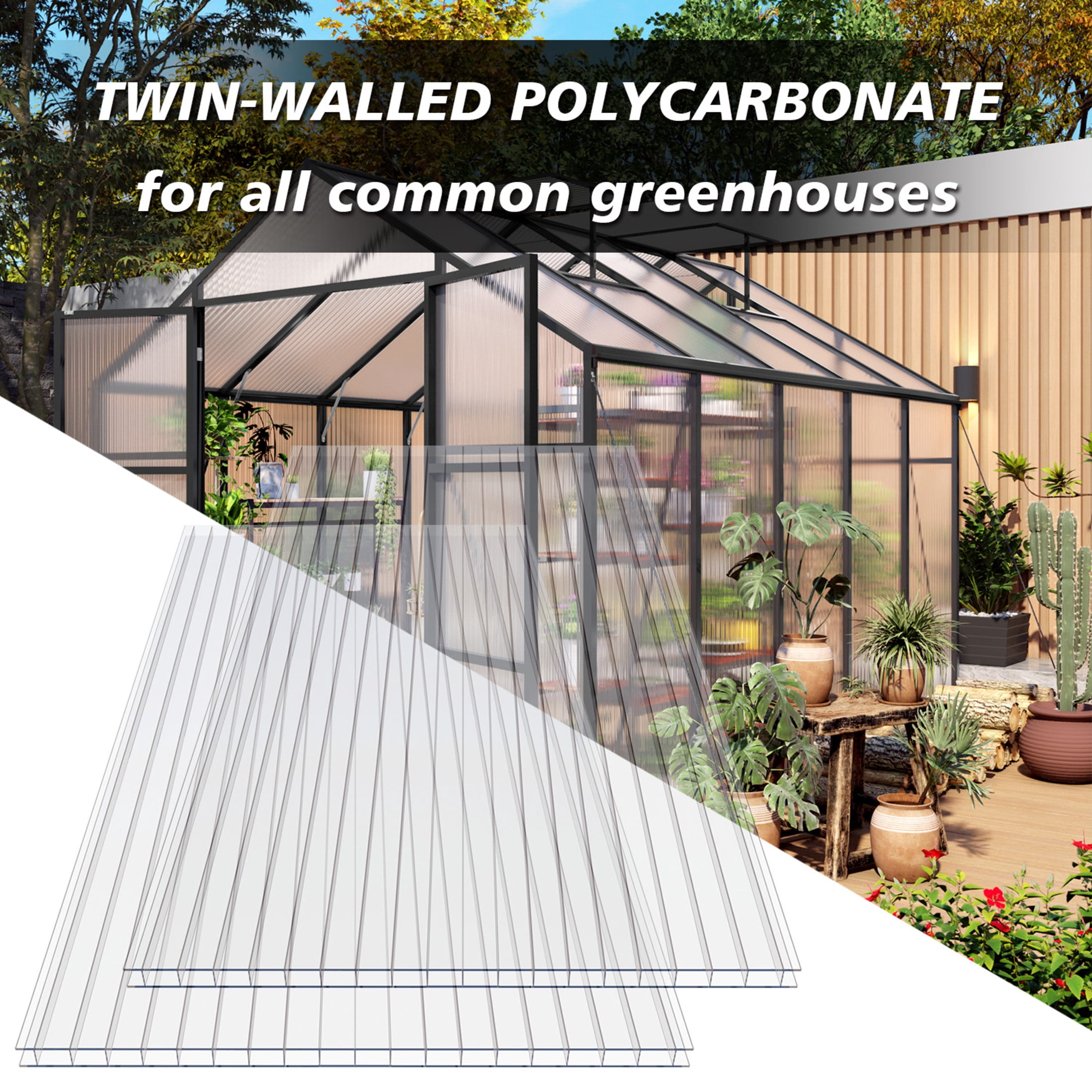 Noble House 6 Pack Twin-Wall Polycarbonate Greenhouse Panels, 5' x 2' UV-Protected Sheets, Transparent