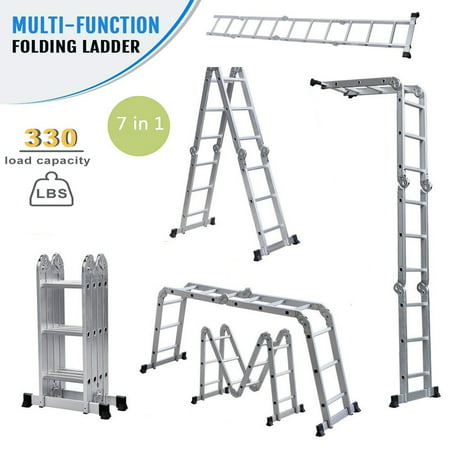 Zimtown 12.5FT 330LB Multi Purpose Step Platform Ladder Aluminum Folding Foldable Scaffold Ladder 7 in 1 Extendable Extension Ladder, for Library,