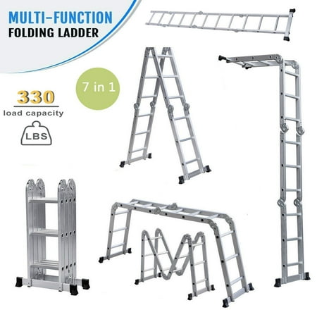 Zimtown 12.5FT 330LB Multi Purpose Step Platform Ladder Aluminum Folding Foldable Scaffold Ladder 7 in 1 Extendable Extension Ladder, for Library, (Best Folding Extension Ladder)