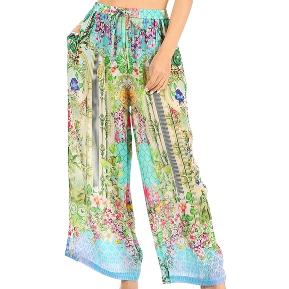 Sakkas Anie Women's Boho Casual Flowy Flare Palazzo Wide Leg Pants Floral Print - 488 - One Size
