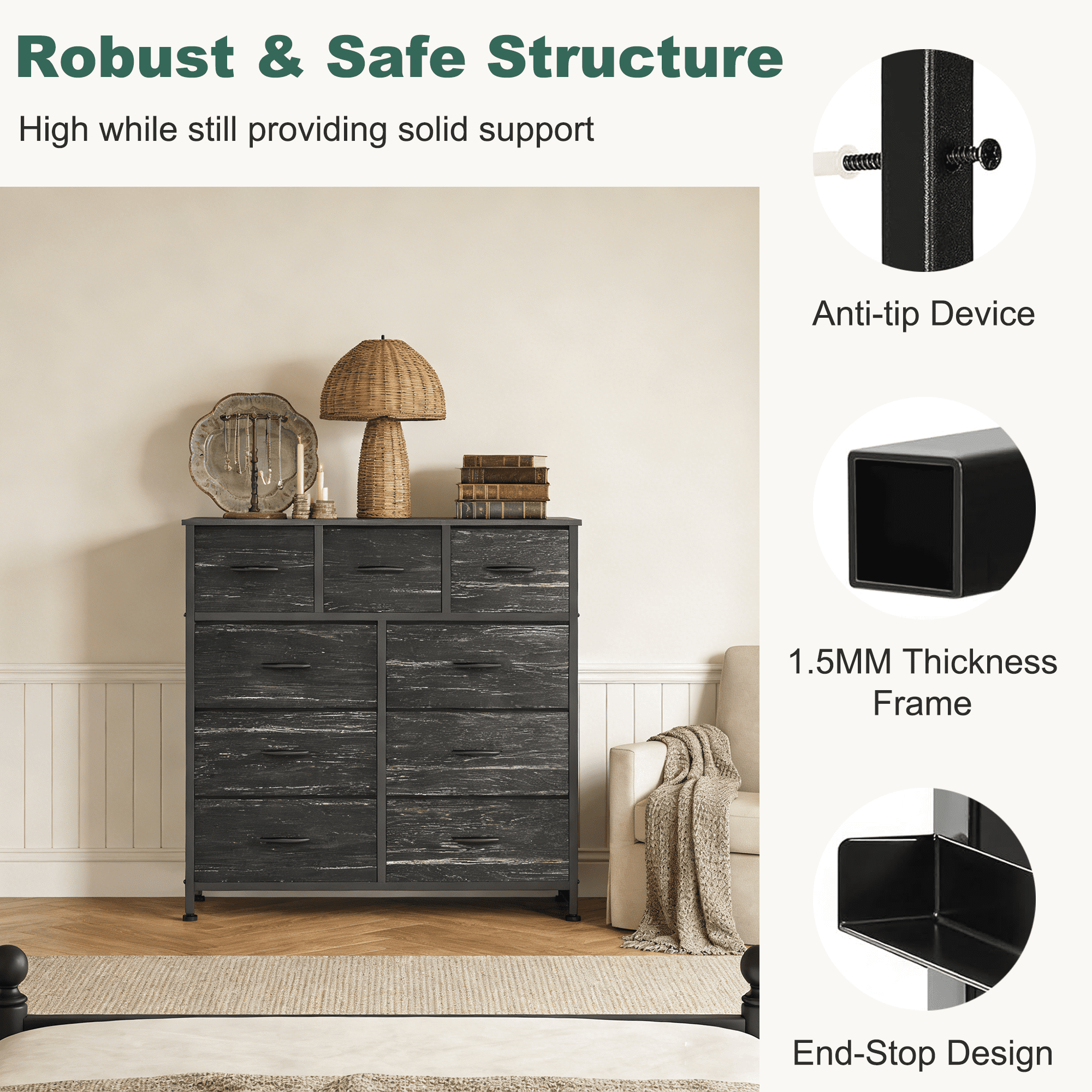 Aidoly 9-Drawer Wide Fabric Storage Dresser with Wooden Top - Space-Saving Bedroom & Closet Organizer, Charcoal Black