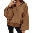thumbnail image 2 of Women's Fall Sweatshirt Lapel Pullover Button V Neck Blouse Long Sleeve Losse Shirt Jogging Casual Hoodie (XL, Brown), 2 of 7