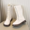 thumbnail image 2 of LYHaoo Girls Mid Calf Boots Lace Up Side Zipper Winter Boots Shoes Sizes 8 Beige(3-4 Years), 2 of 6