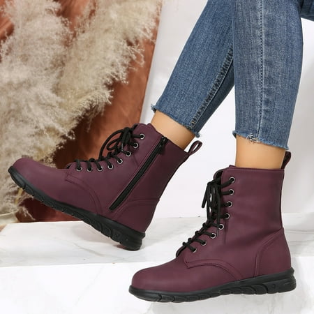 

jsaierl British Style Solid Color Lace-up Boots Side Zip Casual Wedge Heel Women s Boots