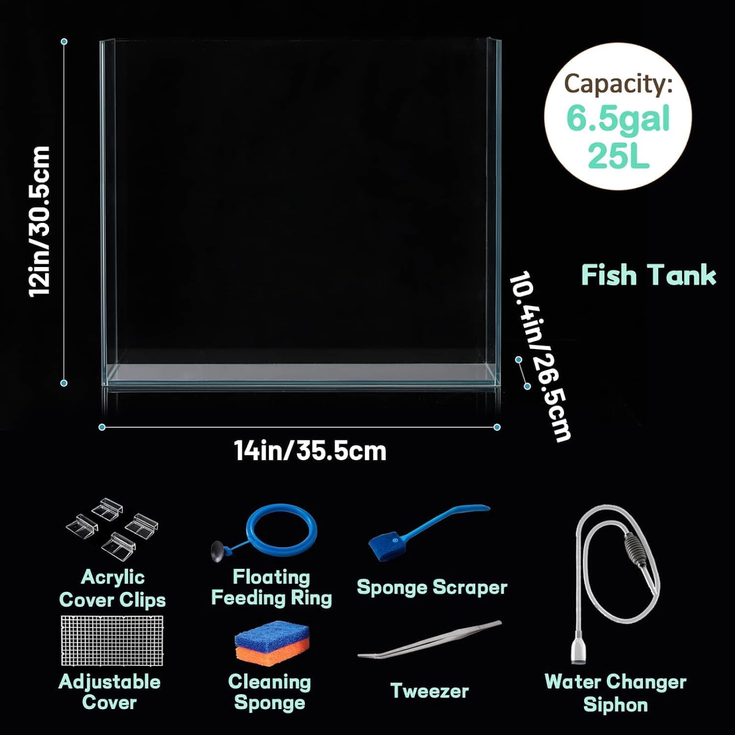 3 Gallon Ultra Clear Glass Aquarium, Rimless Low Iron Fish Tank for Betta/Nano/Goldfish/Snail/Shrimp with Fish Net & Cleaning Tools