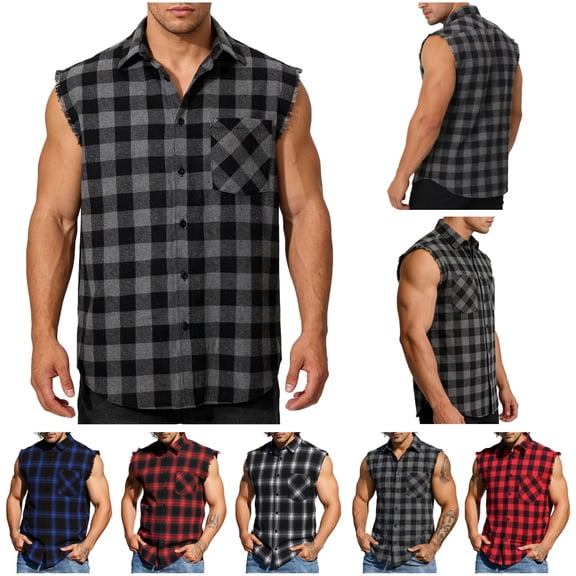 BiZtdJrK Red Sleeveless Shirts for Men Casual Button Up Collar Flannel Tank Tops Fashion Plaid Vest Summer Beachwear with Chest Pocket L