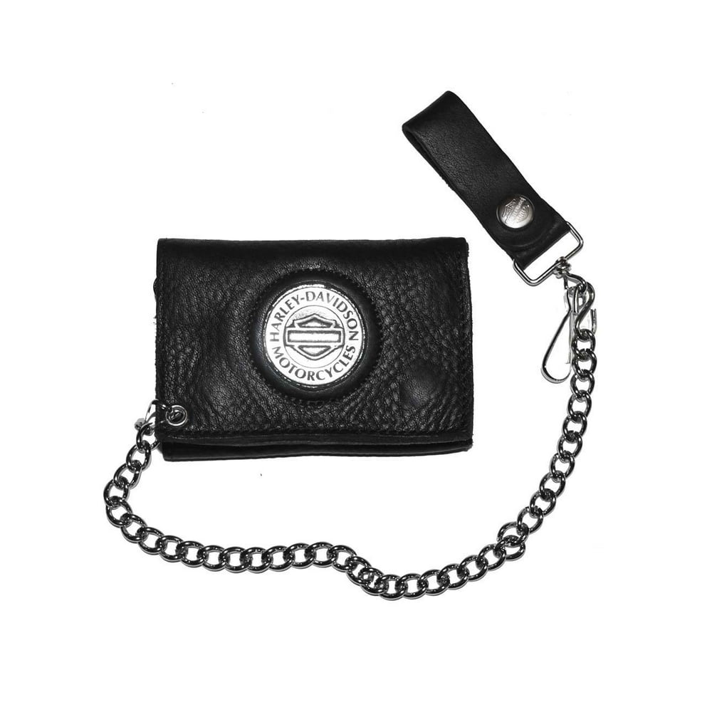 HarleyDavidson Men's Medallion TriFold Chain Wallet Black Leather