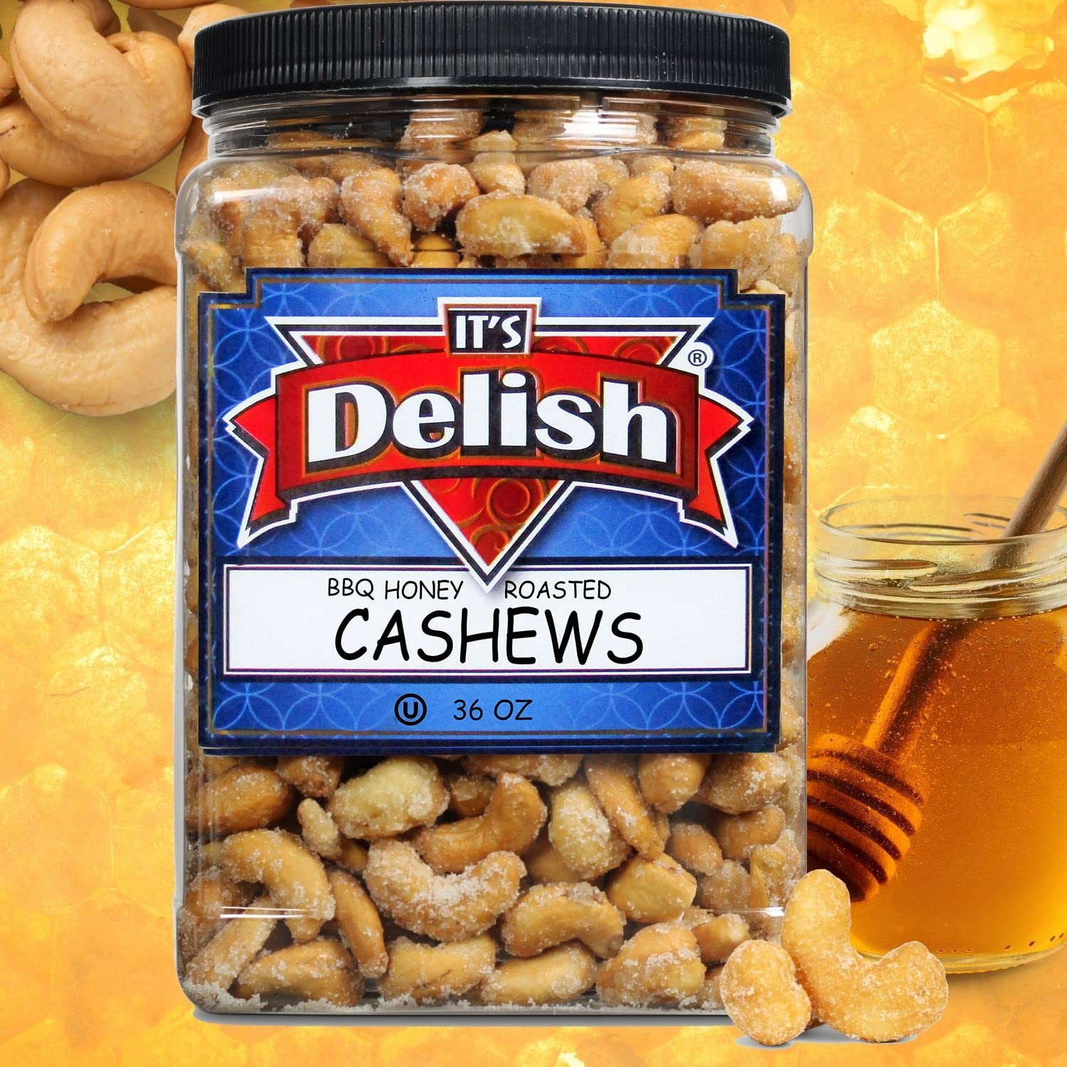 BBQ Honey Roasted Cashews by It's Delish, 36 Oz Reusable Jumbo Container Gourmet Cashew Nuts in Honey Sugar Coating and Barbecue Seasoning, Sweet & Savory Nut Snack - Vegan, Kosher Parve