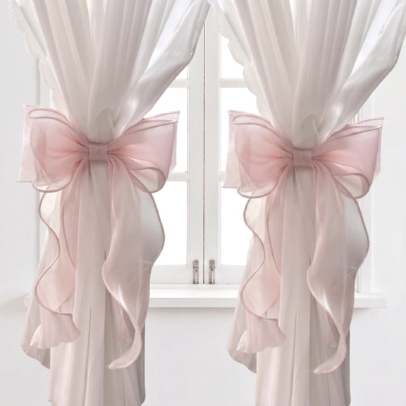 French Silky Bow Curtain Tiebacks, Elegant Lace Ribbon Curtain Decorative Ropes, Stylish Window Drape Accessories for Living Room Bedroom Home Decor, Pink-2 PACK