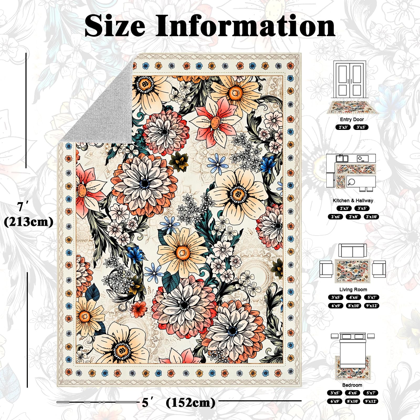 Bleum Cade Floral Area Rugs for Living Room 5x7, Boho Washable Rug, Soft Faux Wool Indoor Rug Carpet for Bedroom, Dining Room,White