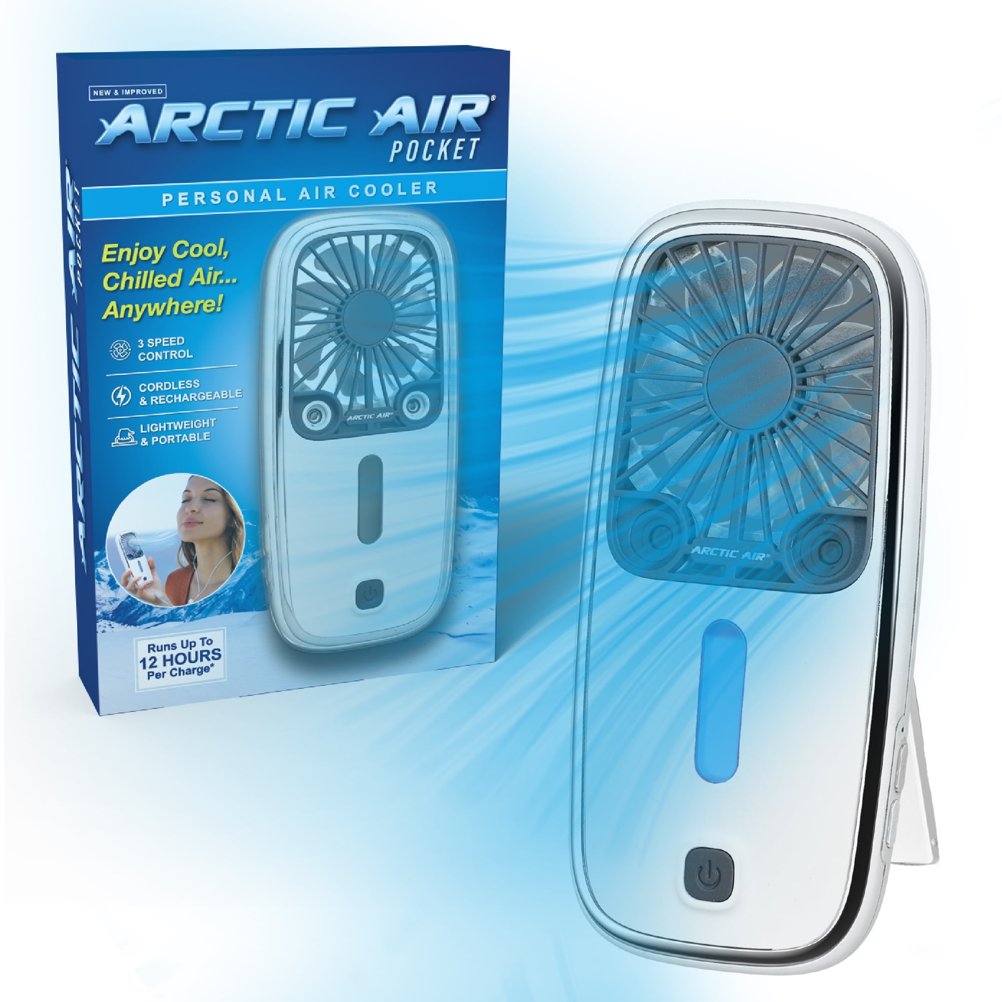 Arctic Air® Pocket Hand Fan, Portable Air Cooler, Dual Cooling Jets, Rechargeable, 3 Speeds