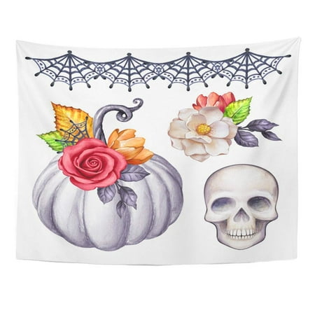 UFAEZU Head Watercolor Halloween Thanksgiving Floral Pumpkin Skull Autumn Fall Holiday Clip Wall Art Hanging Tapestry Home Decor for Living Room Bedroom Dorm 51x60 inch