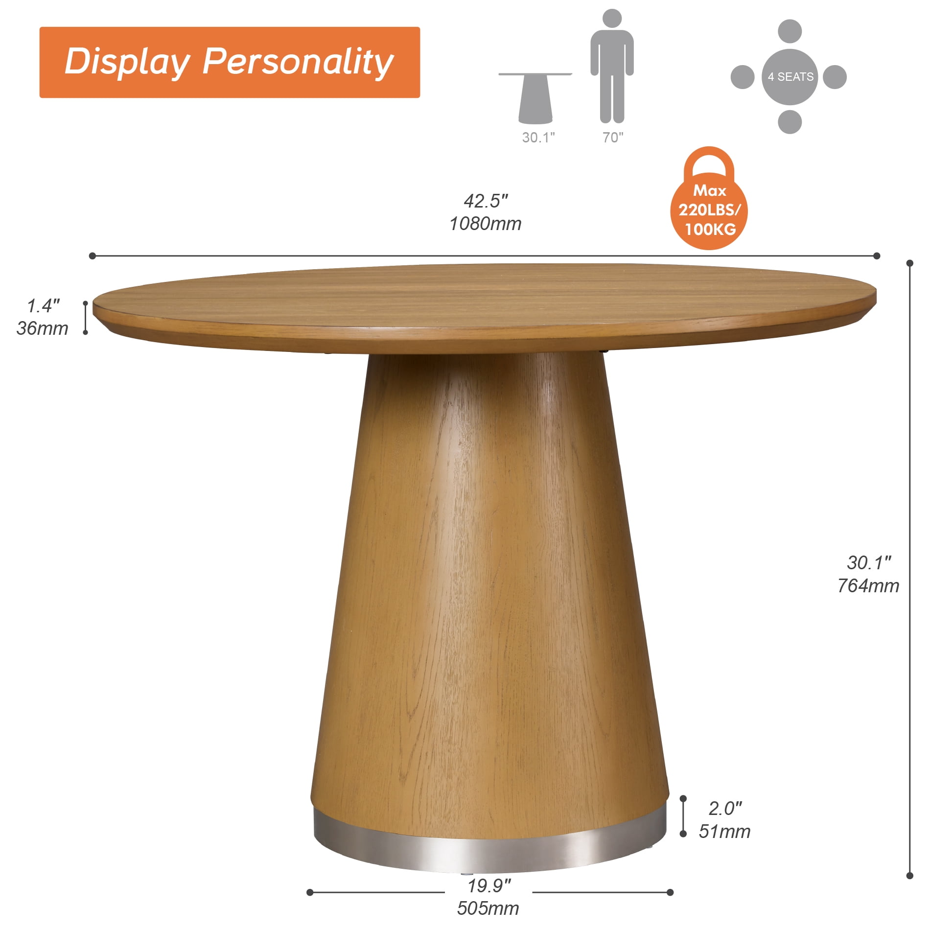 Wood Round Dining Table With Pedestal Base for 2-4, 43" Kitchen Table for Small Space, Apartment, Brown Wood Grain