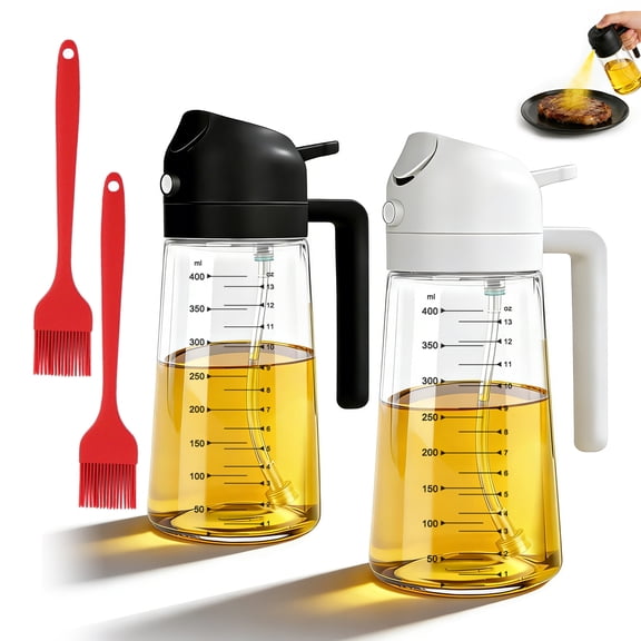 2 Pack Oil Sprayer for Cooking, Refillable Glass Olive Oil & Vinegar Mister with Brush, Portable Kitchen Gadget for Air Fryer, BBQ & Salad, 470ml, Black & White