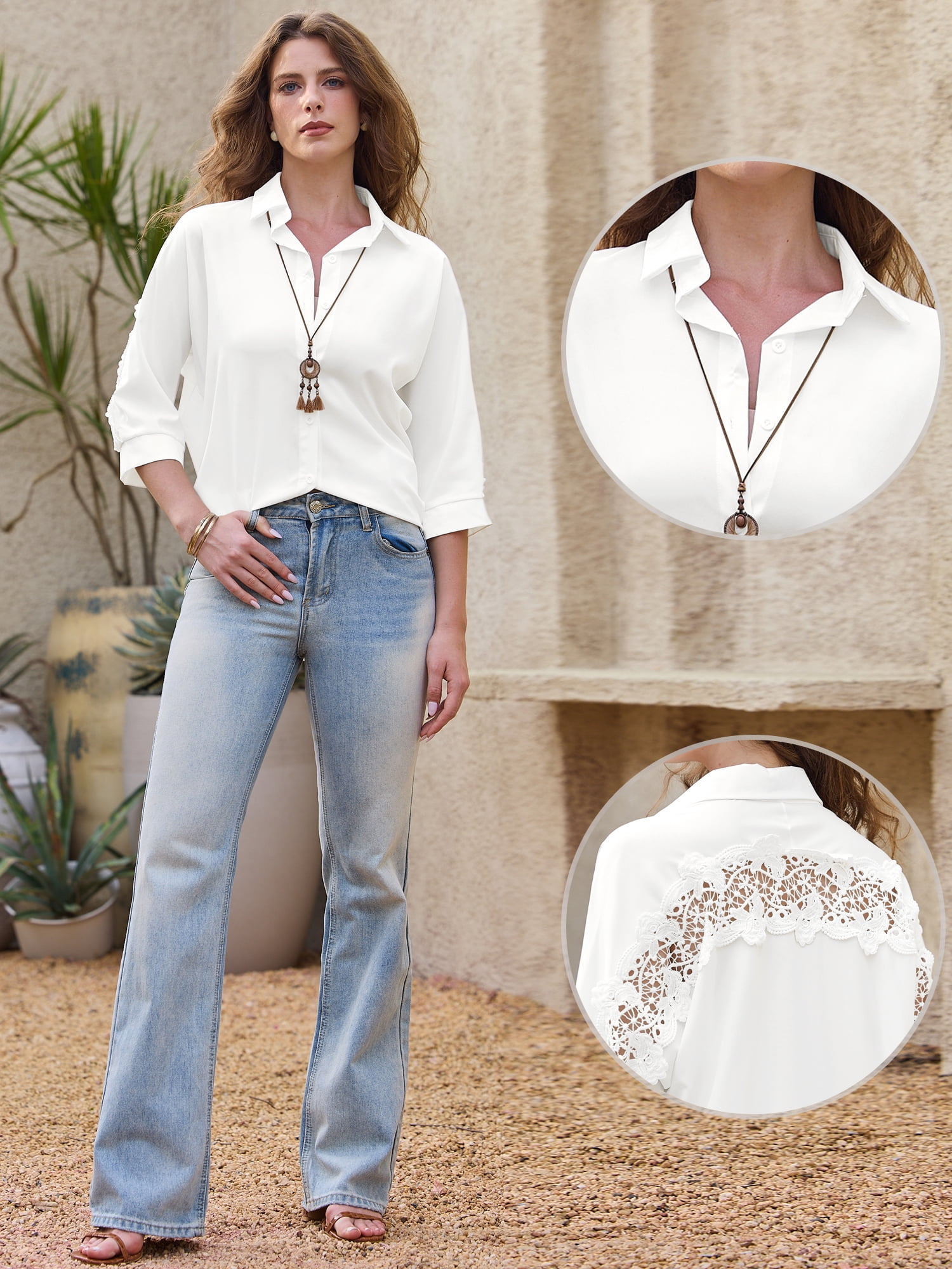 DARING DIVA Women's 3/4 Sleeve Button Down Lace Crochet V Neck Office Blouse L White