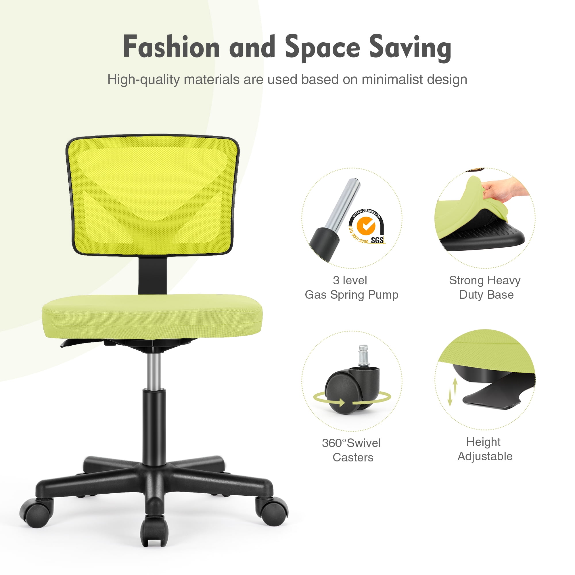 CONCETTA Mesh Office Desk Chair with Ergonomic Low-Back, Armless Design, Rolling Swivel Chair with Wheels, Green