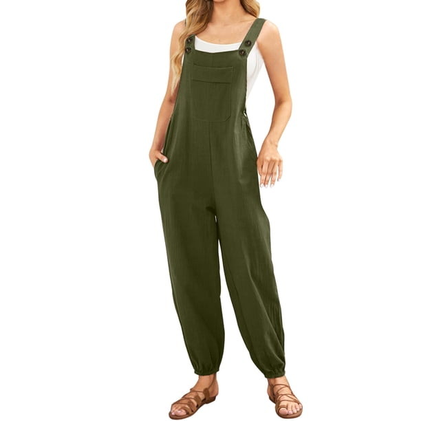 Gibobby pantalones siameses de pierna ancha Mono sin mangas para mujer, mono informal liso de verano, pantalones con peto de pierna ancha, mono con botones y bolsillos con bot(Verdinegro, XXL)