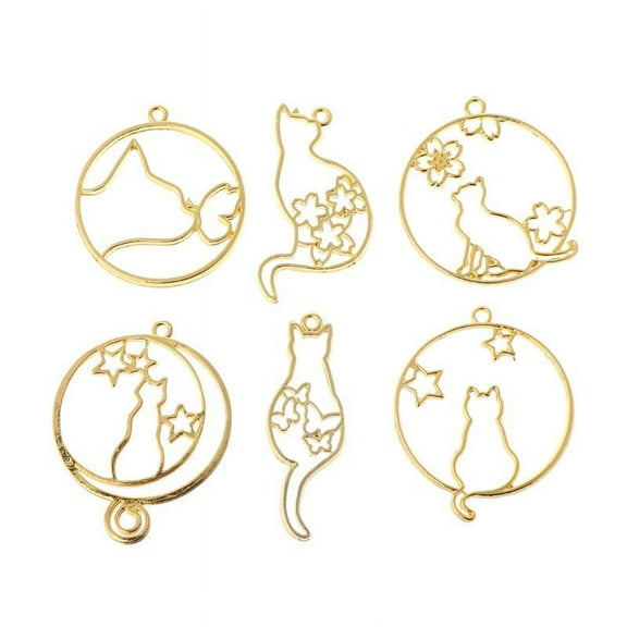 XISAOK 6 Pcs Gold Kitten for Cat Hollow Metal Frame Necklace Pendant for DIY Jewelry Ma