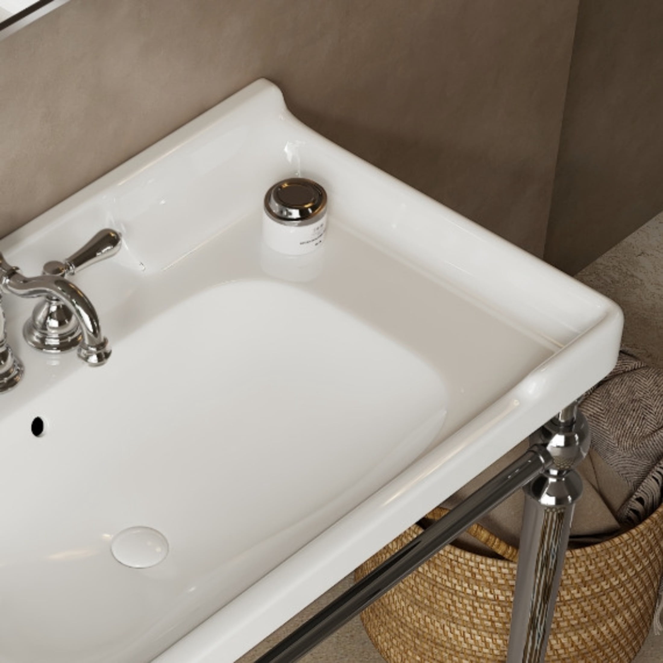 Noble House Vici 36" Bathroom Ceramic Basin Sink, 3 Faucet Holes with Wide Countertop Deck Toiletries Storage, White