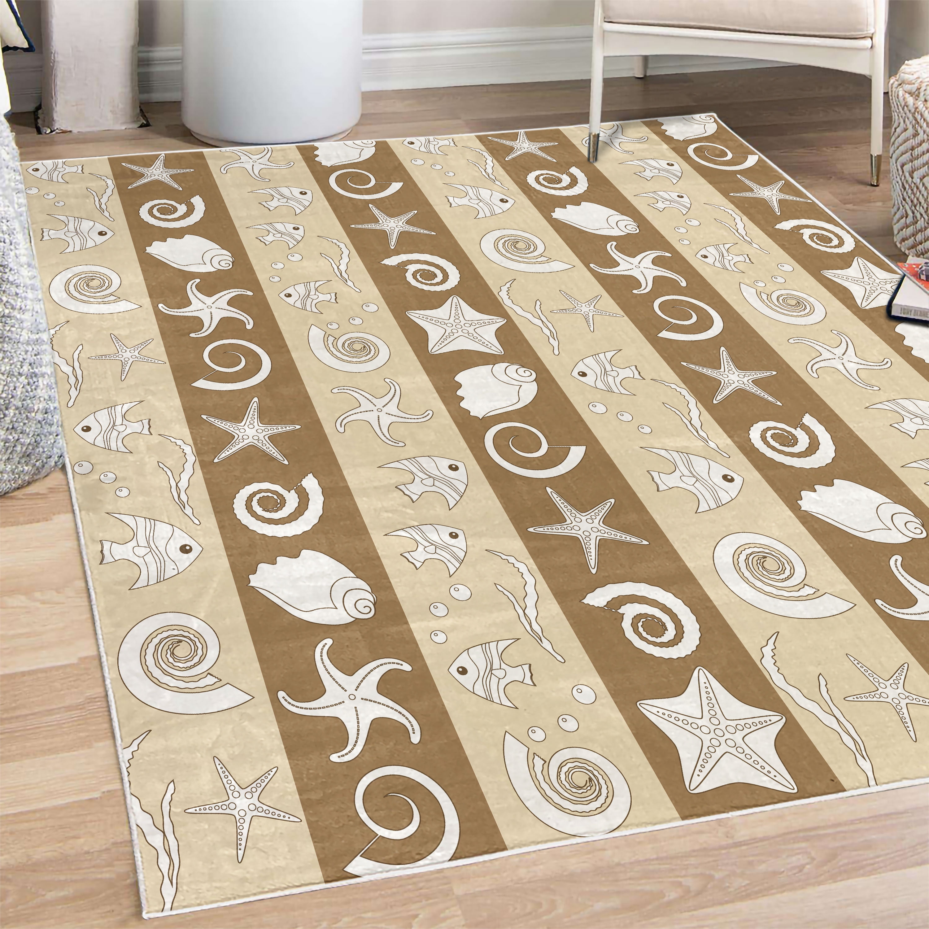 Nautical Decorative Rug, Marine Theme Sea Animals Fishes Shells on ...