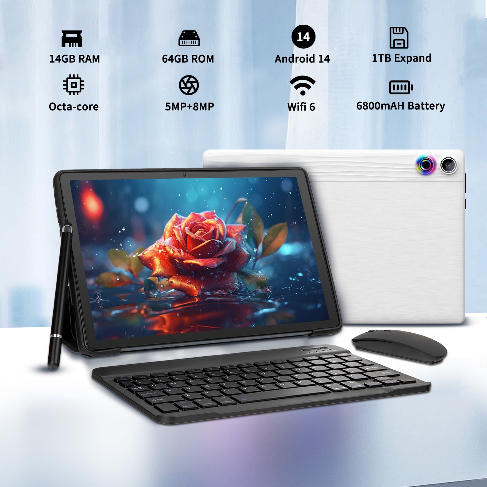 11 inch Tablet Android 14 Octa-Core, 14GB RAM+64GB ROM (TF 1TB), 6800mAh, Widevine L1, WiFi 6, 8 in 1 Tablet with Keyboard, Mouse, Protective Case, Stylus, Headset, Charger- White