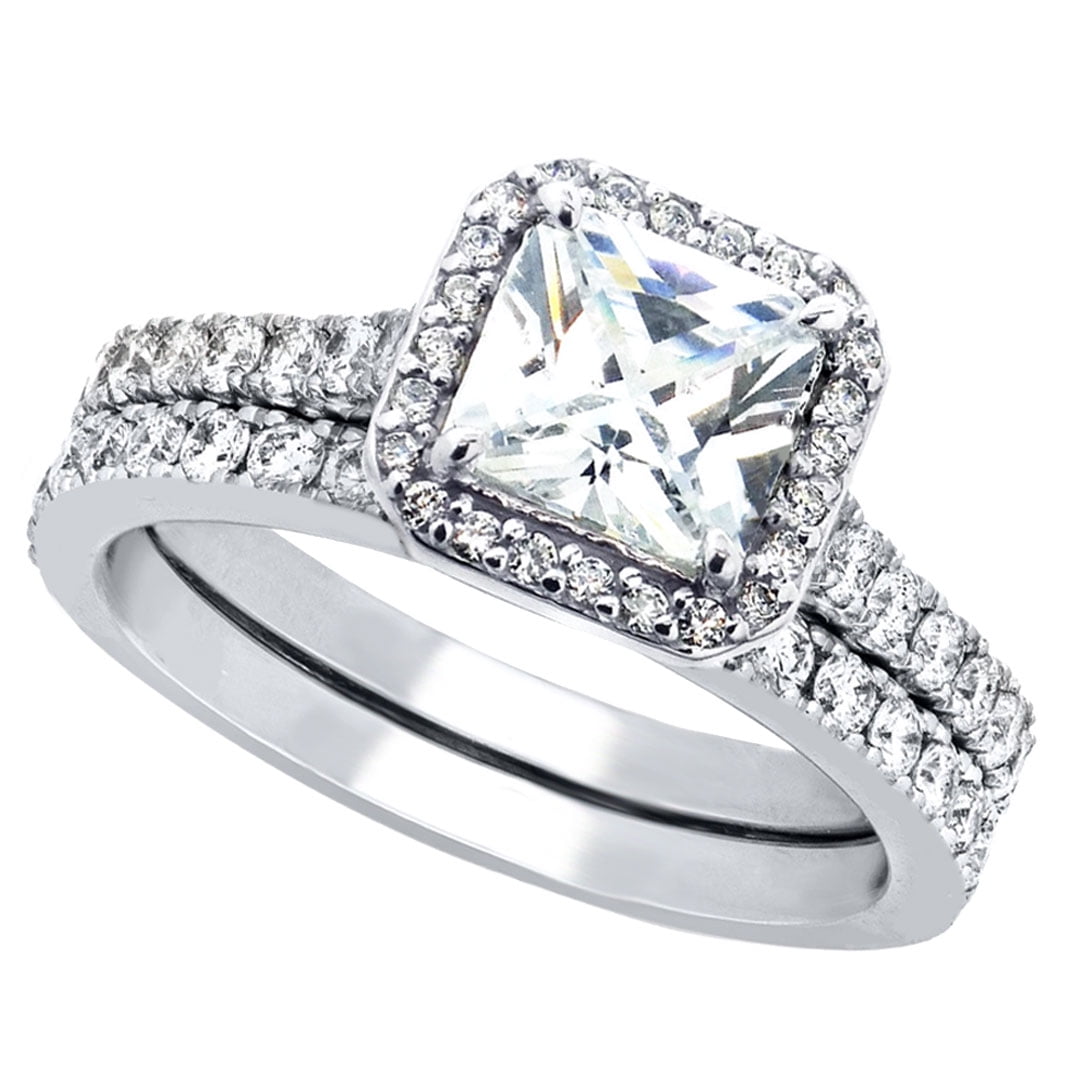 .925 Sterling Silver 18k White Gold Wedding Princess Cut CZ Women's Ring Set 