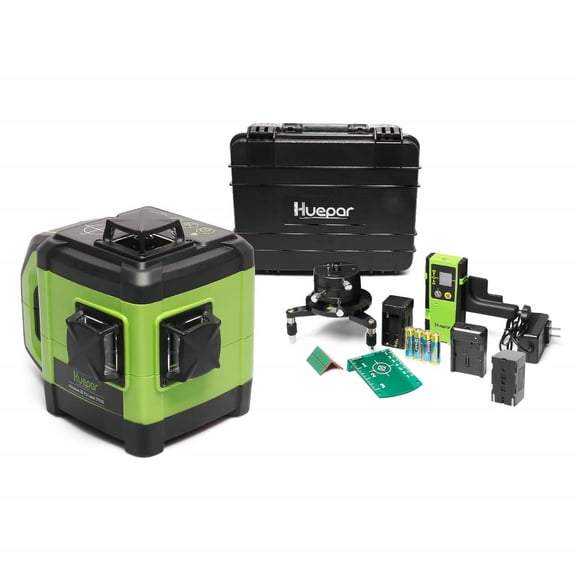 Huepar DT03CG 3D Cross Line Laser Level, Green Beam — 200 ft Range, 3 × 360° Self-Leveling, Includes Laser Receiver, Metal Base, Rechargeable Battery