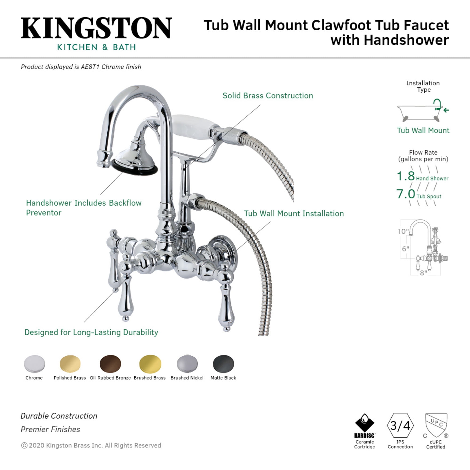 Kingston Brass AE7T0 Aqua Vintage Wall Mount Clawfoot Tub Faucet, Matte Black