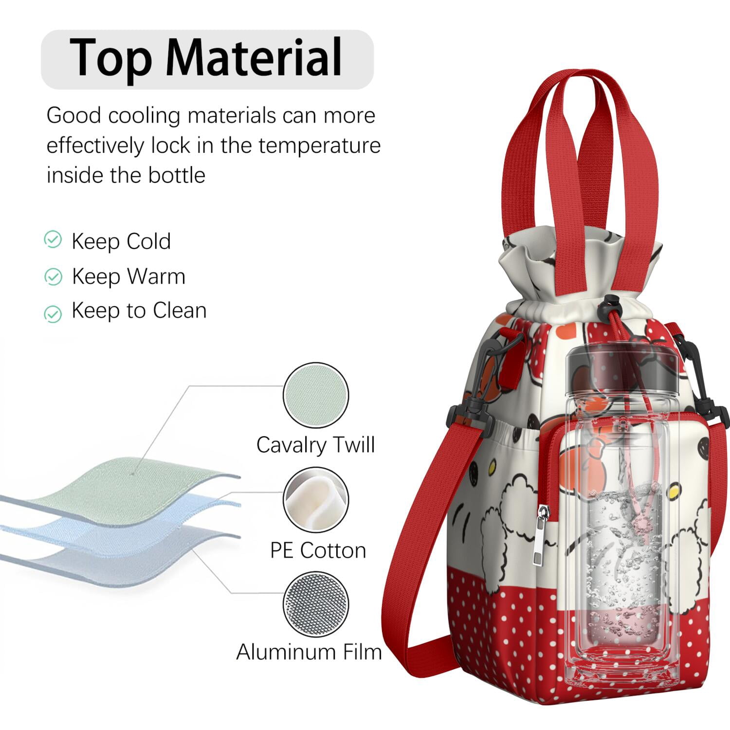 Insulated Water Bottle Carrier Bag Sleeve with Strap Crossbody for 20/24/32/40oz Tumbler,Hello Kawaii Cat Cute Water Bottle Holder Sling Bag with Pocket Gifts for Women Men Adults