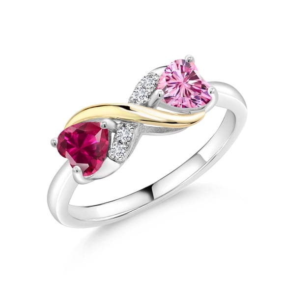 Gem Stone King 925 Silver and 10K Yellow Gold Ring Created Ruby and Pink Moissanite (1.14 Cttw)